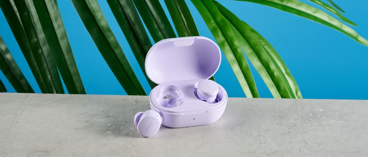 A pair of chilled lilac Bose QuietComfort Earbuds (2024)