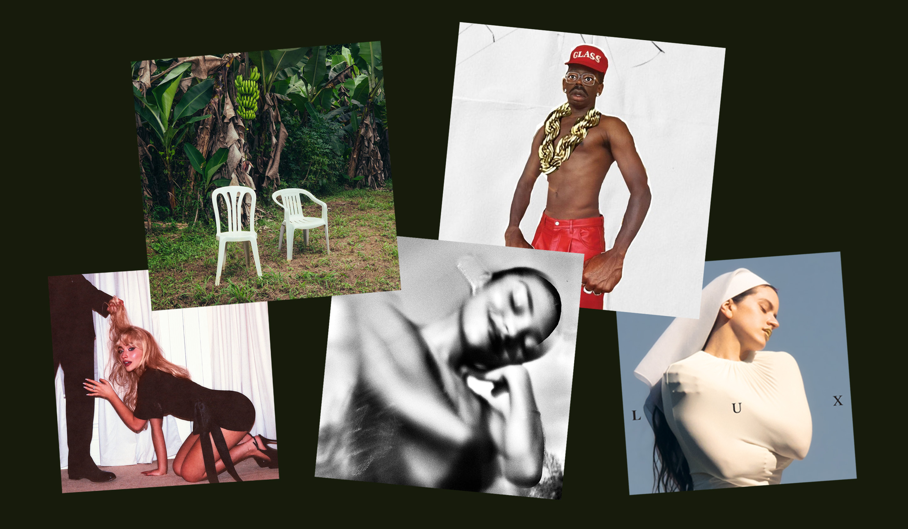 collage of albums by bad bunny, tyler the creator, olivia dean, sabrina carpenter, and rosalia