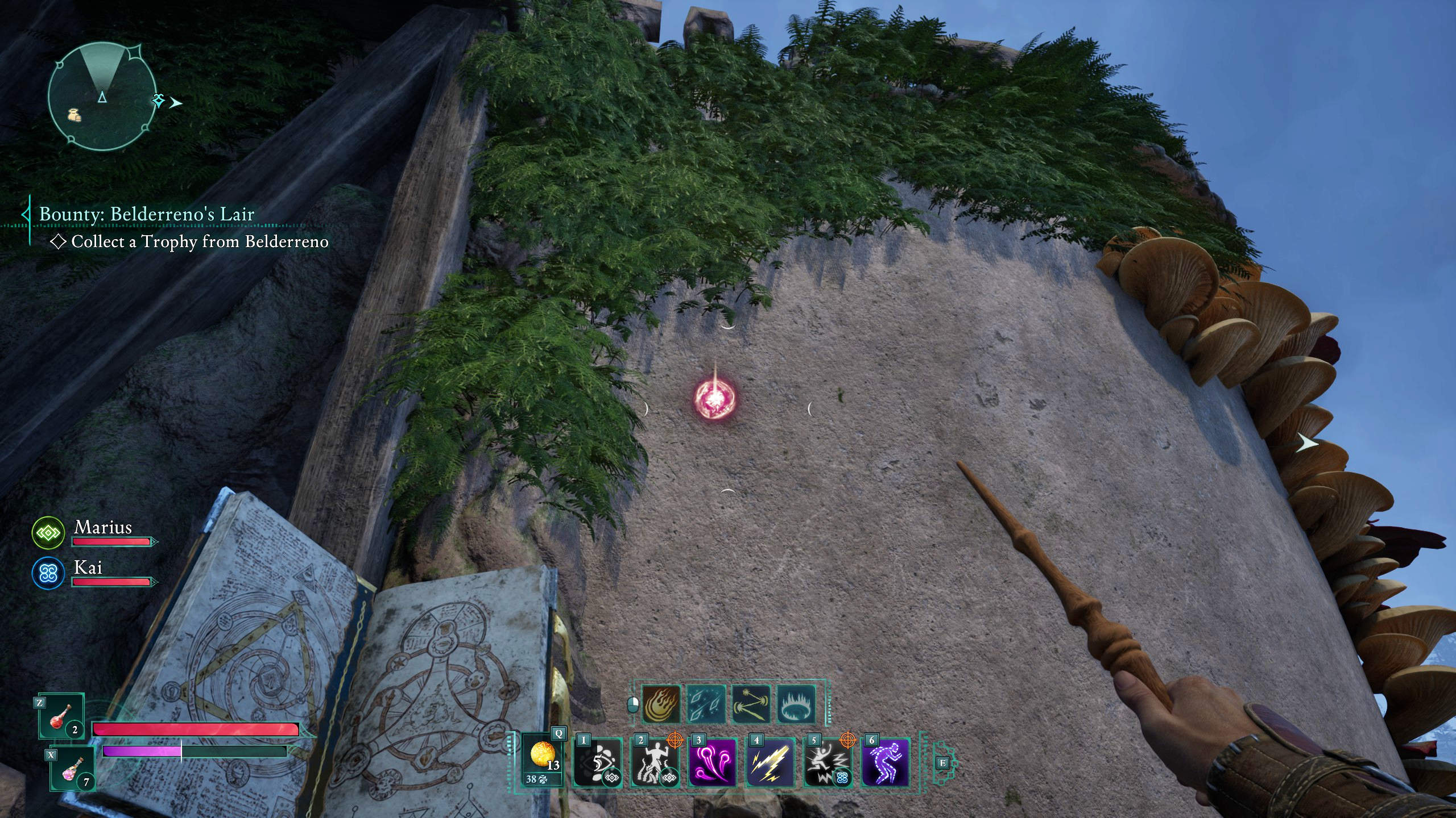 Avowed money sources - The player looking at a glowing marker inside a ruin, triggered by the Hunter's Sense ability.