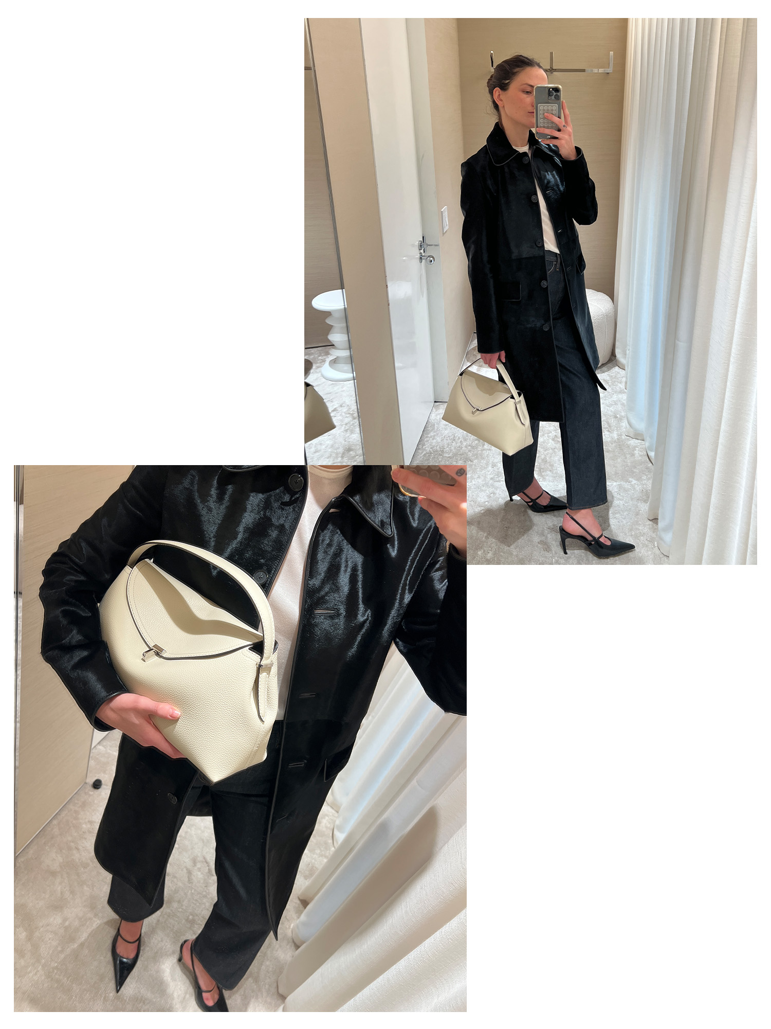 Two photos of Eliza Huber trying on a pony-hair coat and jeans from Toteme's Upper East Side store's dressing room.