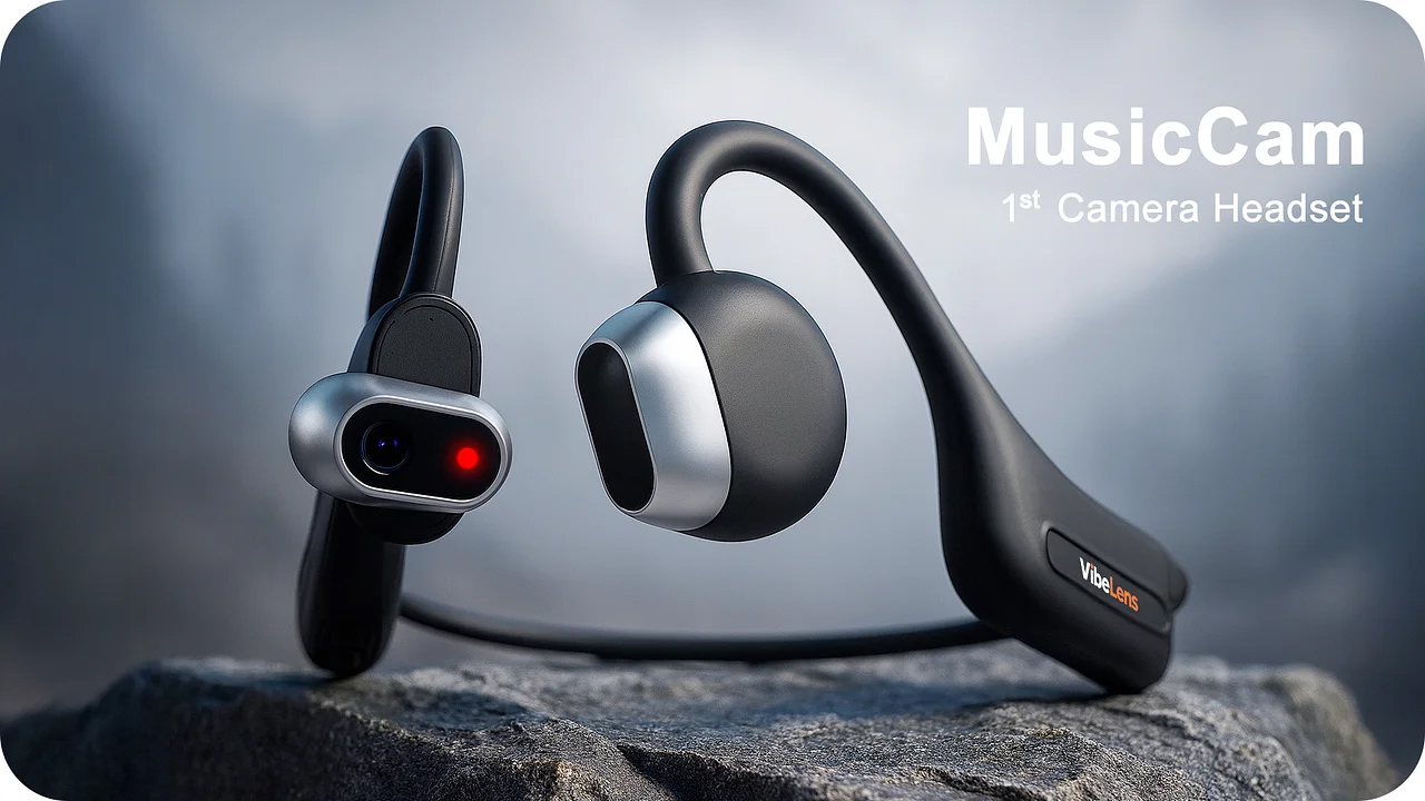 The VibeLens MusicCam headphones with a built-in camera