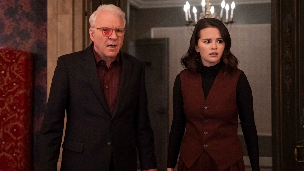 From left to right: Steve Martin and Selena Gomez looking shocked. 