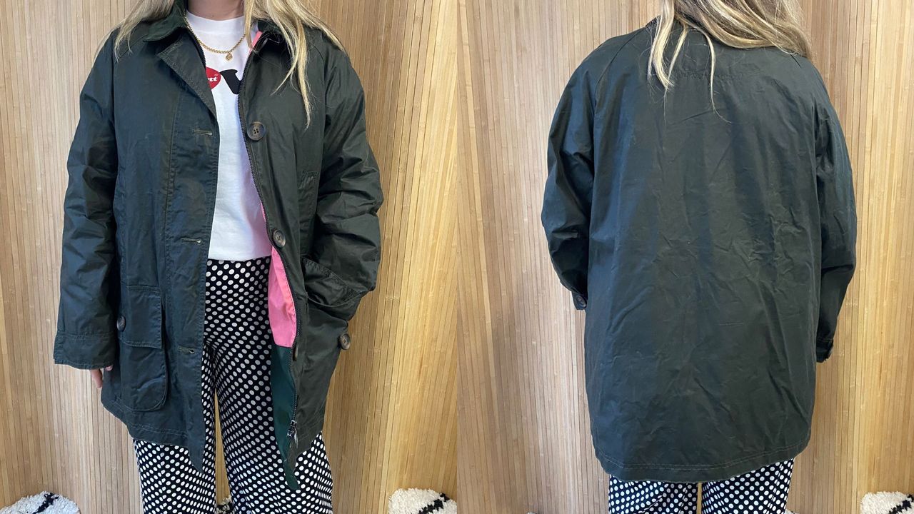composite of person wearing barbour wax mid length jacket from the front and back