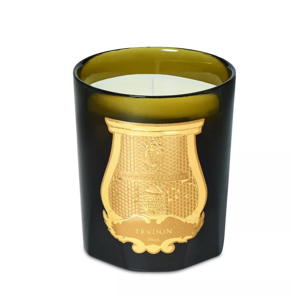 Trudon Ernesto candle in green glass votive with gold label