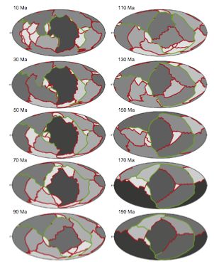 Tectonic plate sizes in Earth's past 200 million years. Darker grey indicates larger plate size.