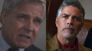 Henry Czerny pictured in a smoky room and Esai Morales looking stunned in a train car in Mission: Impossible - Dead Reckoning Part One, shown side by side.