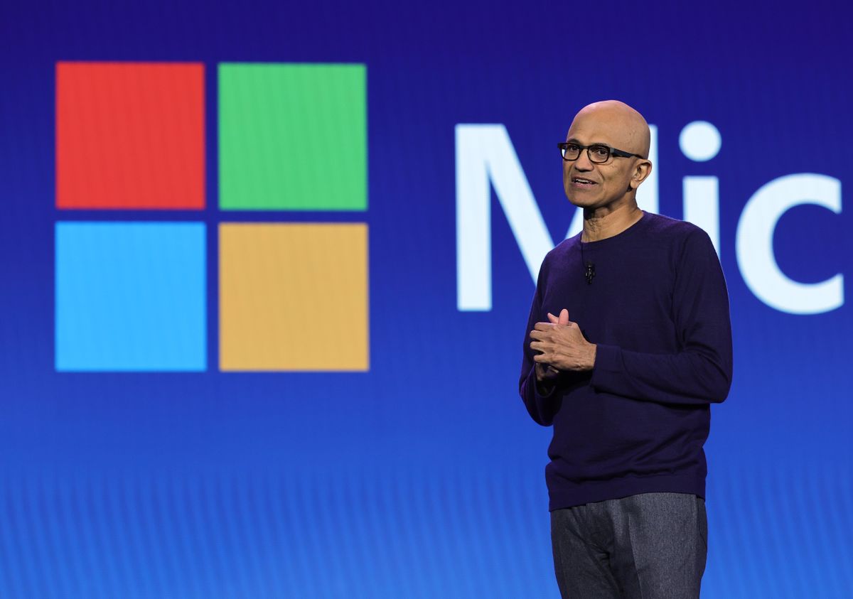 Microsoft CEO Satya Nadella speaks during a keynote address by Walmart Inc. President and CEO Doug McMillon during CES 2024 at The Venetian Resort Las Vegas on January 9, 2024 in Las Vegas, Nevada.