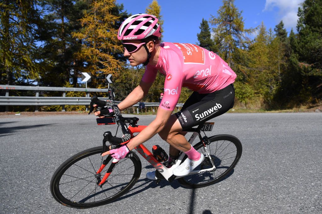 SESTRIERE ITALY OCTOBER 24 Wilco Kelderman of The Netherlands and Team Sunweb Pink Leader Jersey during the 103rd Giro dItalia 2020 Stage 20 a 190km stage from Alba to Sestriere 2035m girodiitalia Giro on October 24 2020 in Sestriere Italy Photo by Tim de WaeleGetty Images