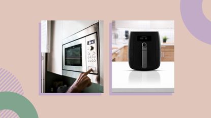 a collage image with two images – on the left, a hand using a built in microwave, and on the right, an air fryer on a countertop – to illustrate air fryer vs microwave