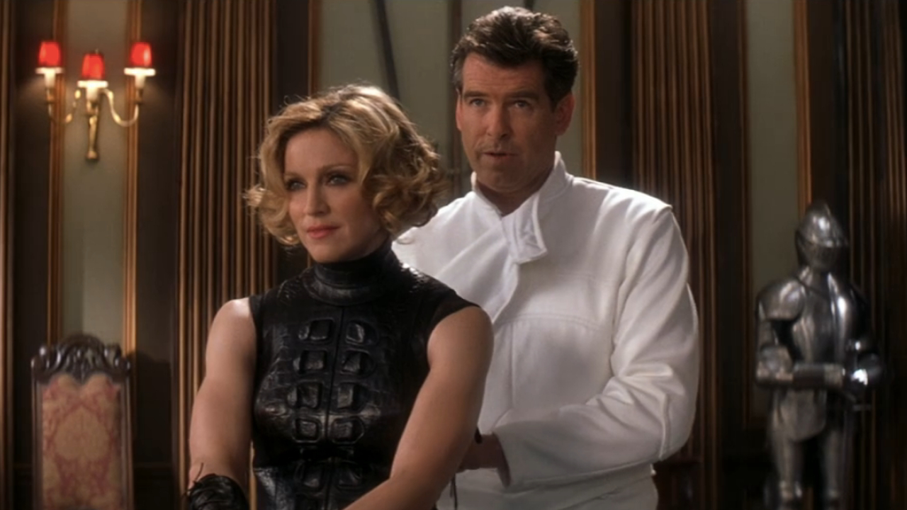 Pierce Brosnan fixes Madonna's corset in Die Another Day.