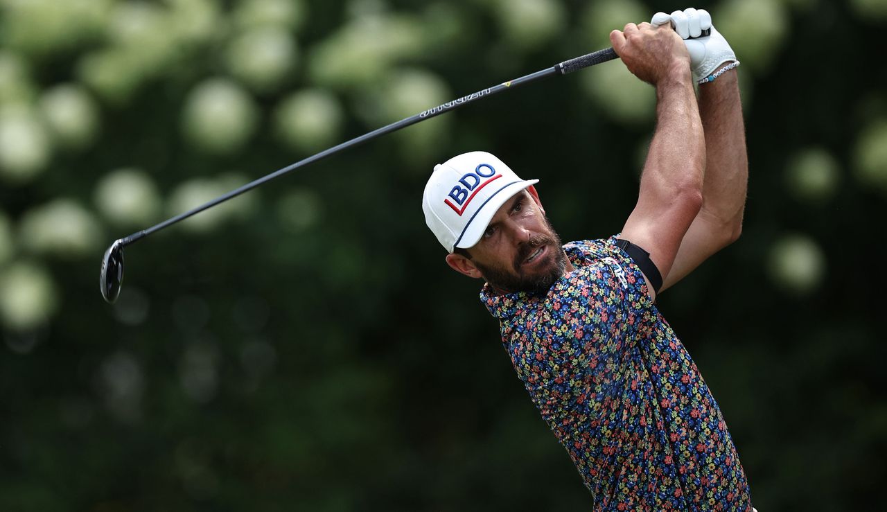 Horschel strikes his shot and watches the flight