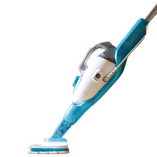 A blue and white Black + Decker steam mop with white cable