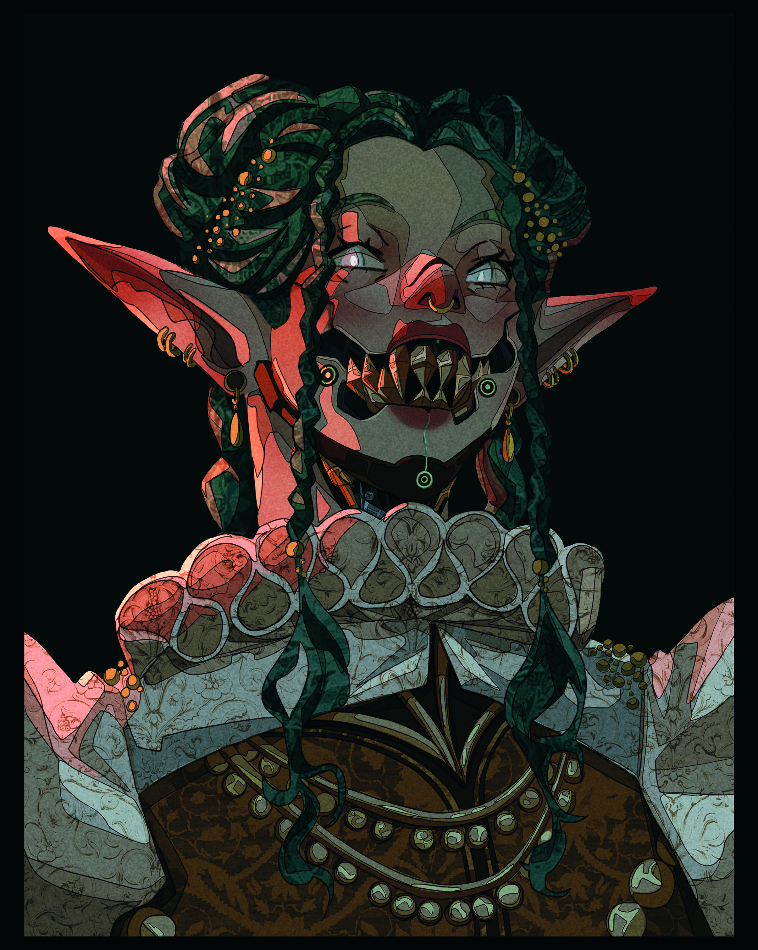 Digital character art that takes influences from Art Nouveau showing a female figure with sharp fangs and elf ears