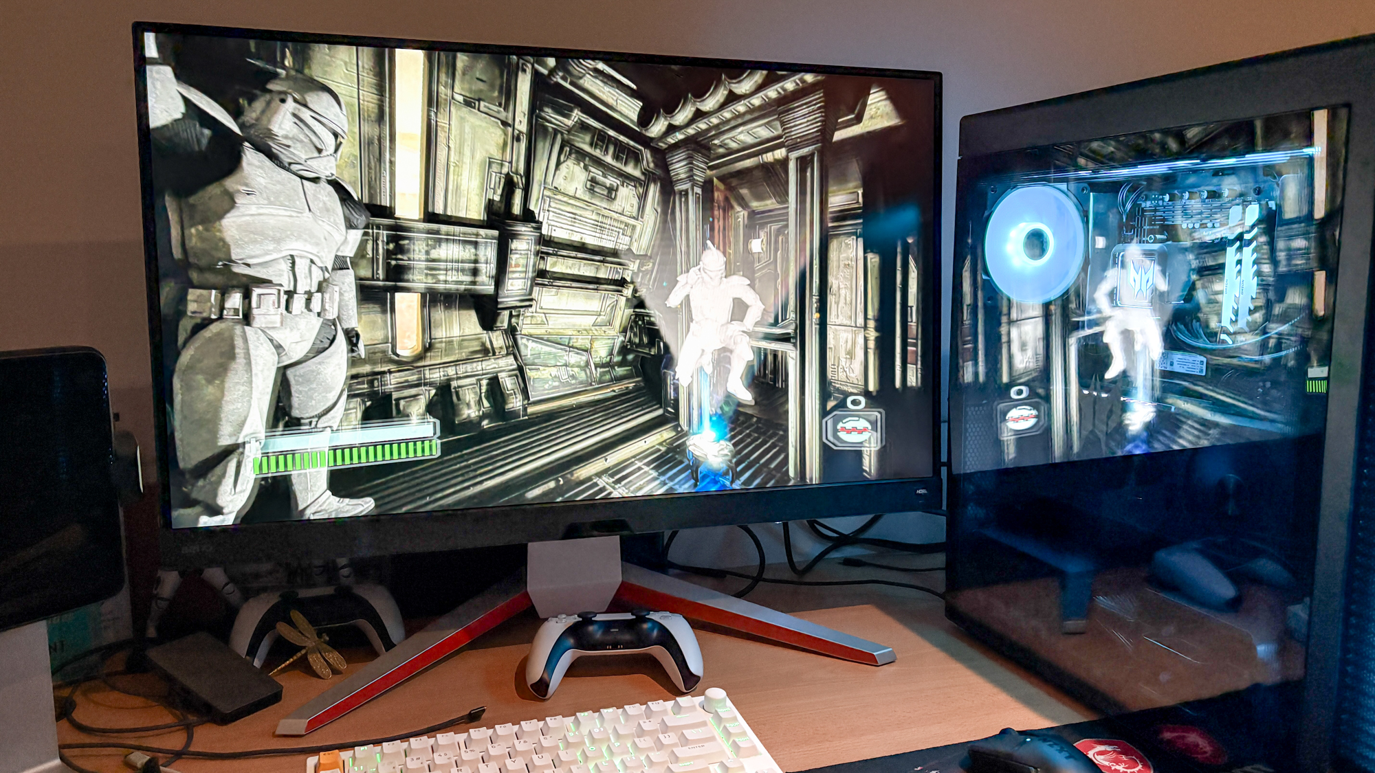 Star Wars: Republic Commando RTX Remix shown on display with gaming PC and keyboard and PS5 controller on desk