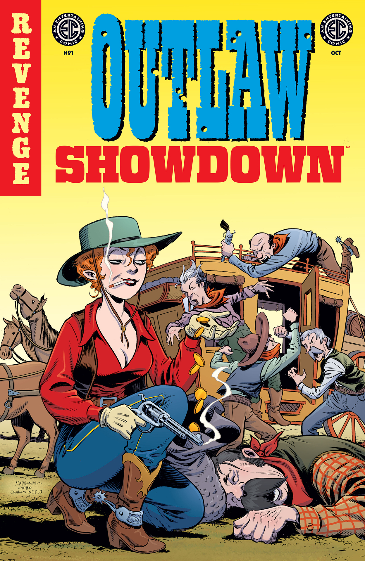 A cowgirl crouching among the bodies of men she's shot while a fight breaks out