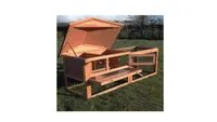The KCT Two-Tier Rabbit Hutch with Run, with it's roof open for access