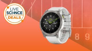 The Garmin Epix 2 smartwatch on an orange background