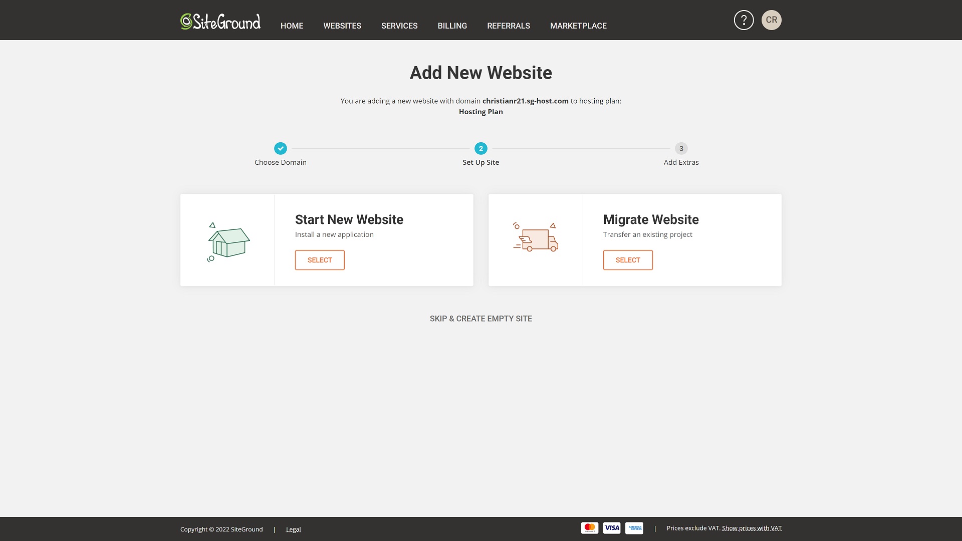 SiteGround website creation options