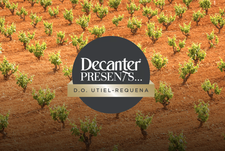 'Decanter Presents... Utiel-Requena' logo on top of background of orange soil with small green vines