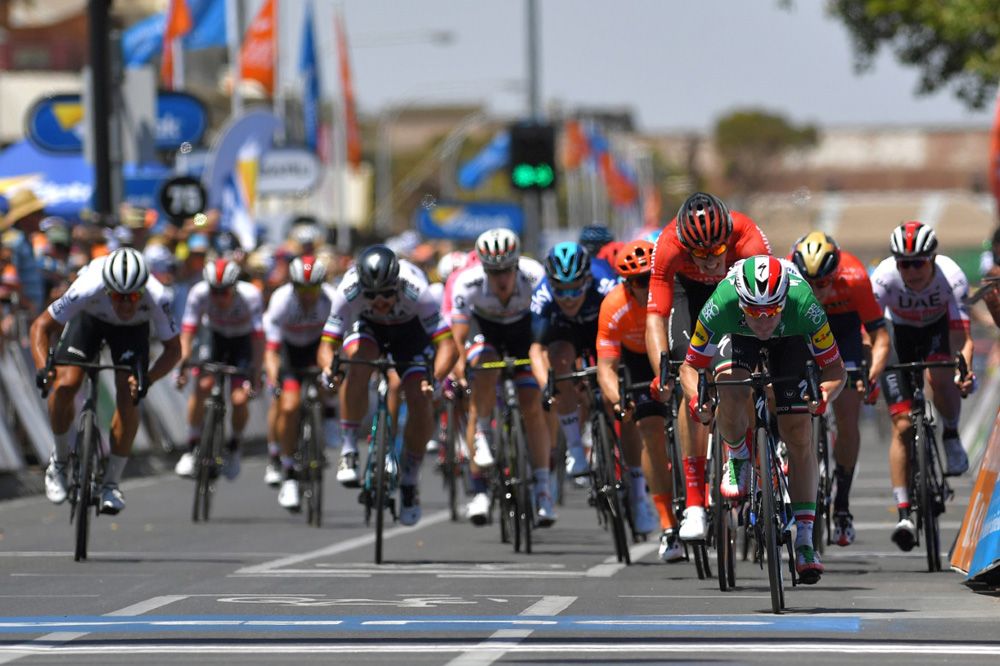 Elia Viviani (Deceuninck - Quick-Step) hits the line first