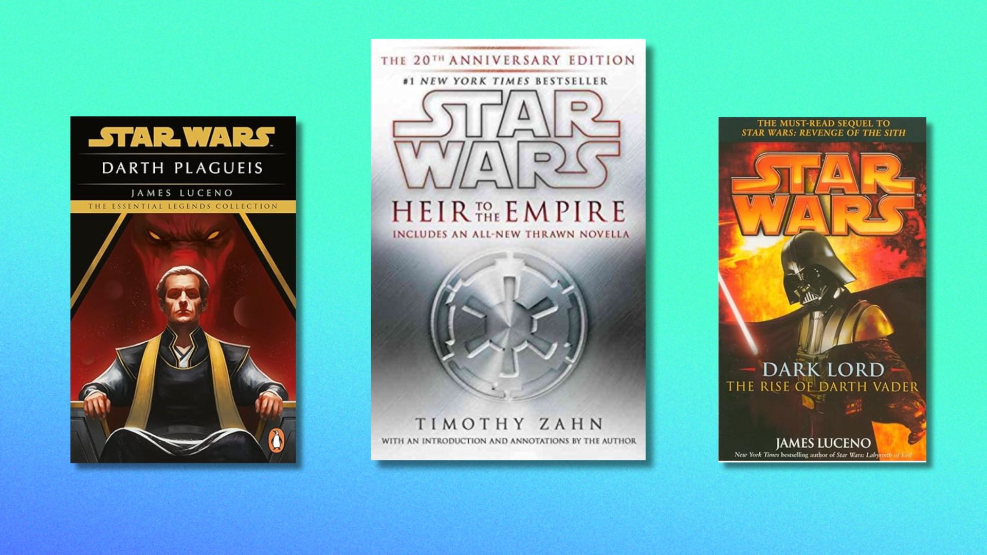 an image of three of the star wars books: Darth Plagueis, Heir to the Empire, and Dark Lord against a blue-green gradient background