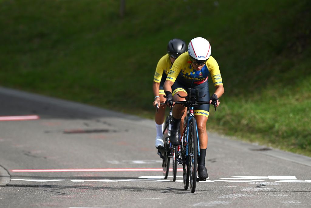 ZURICH SWITZERLAND SEPTEMBER 25 Miryam Maritza Nunez and Natalia Vasquez of Team Ecuador sprint during the 97th UCI Cycling World Championships Zurich 2024 Mixed Relay Team Time Trial a 537km one day race from Zurich to Zurich on September 25 2024 in Zurich Switzerland Photo by Dario BelingheriGetty Images