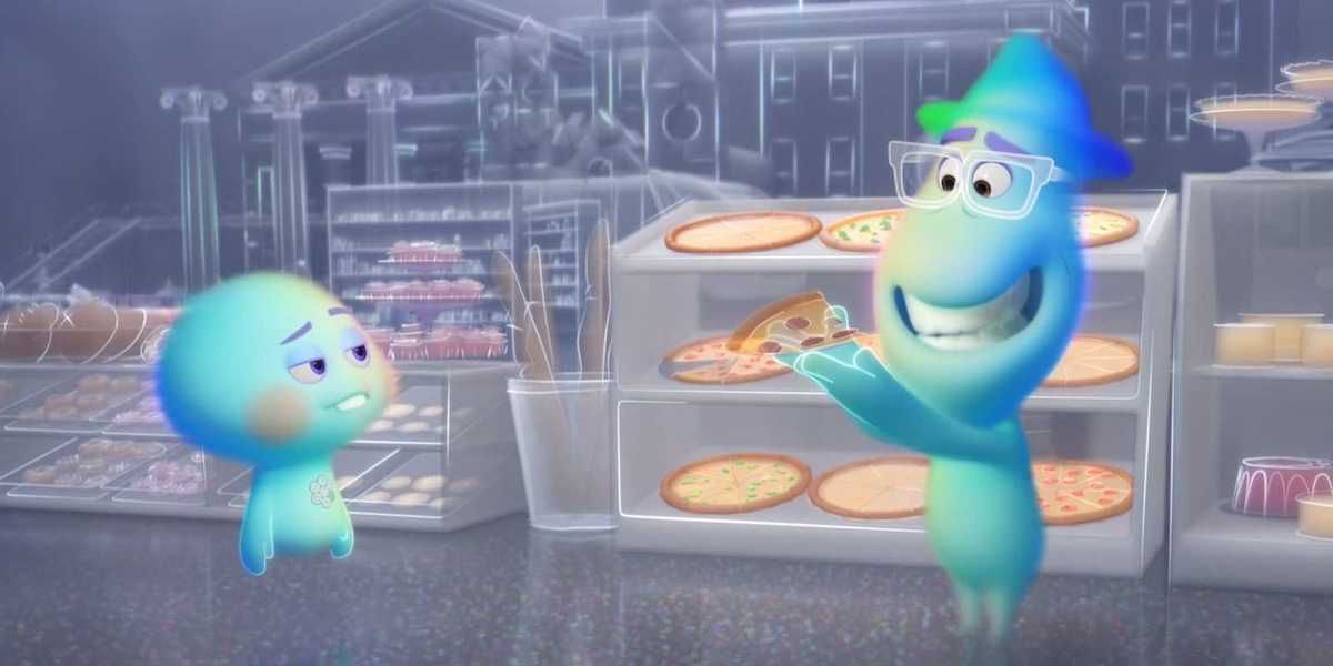 Pixar Soul Joe holding metaphysical pizza