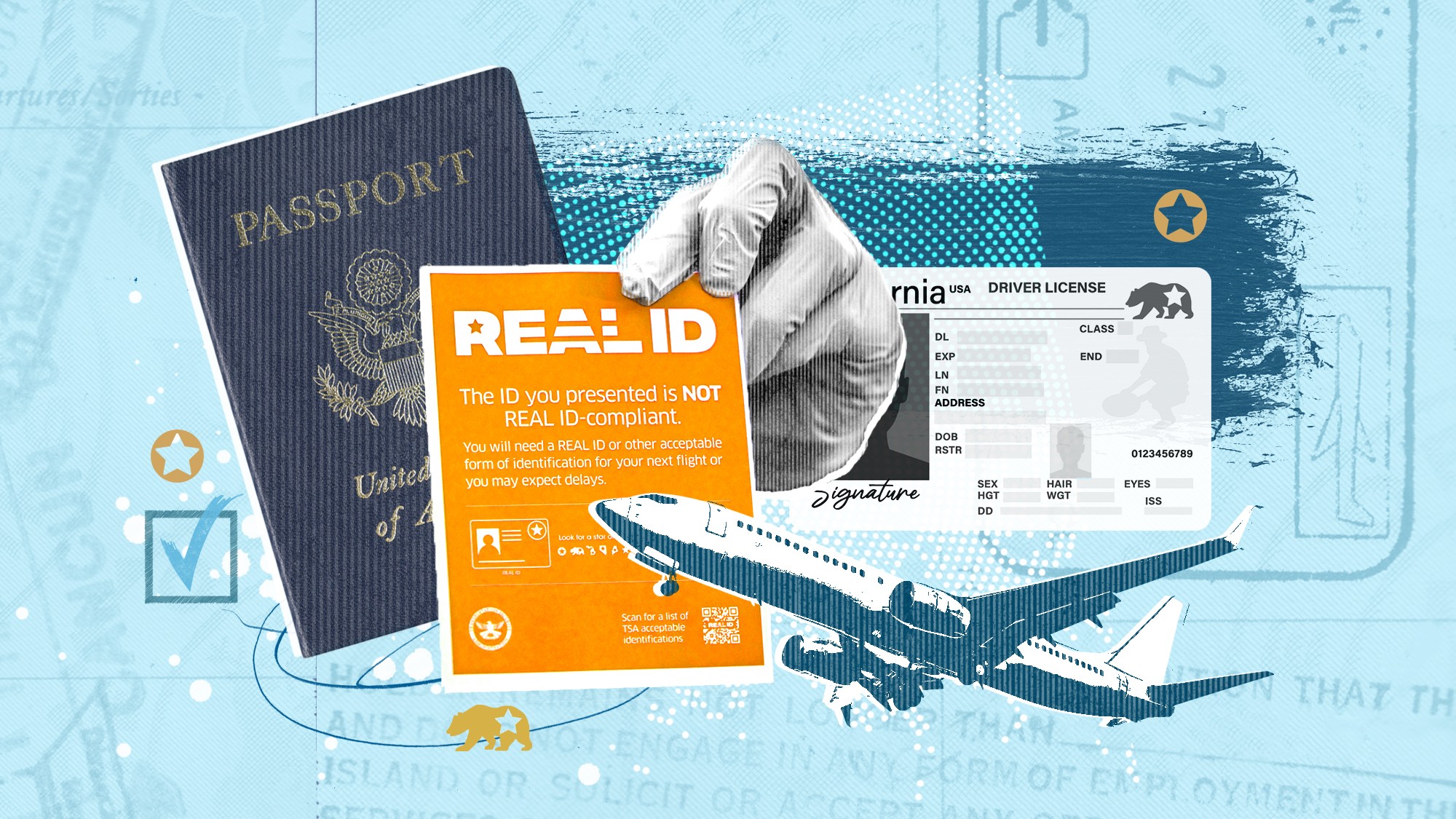 Illustration depicting a Real ID, a passport, a plane, and a driver's license