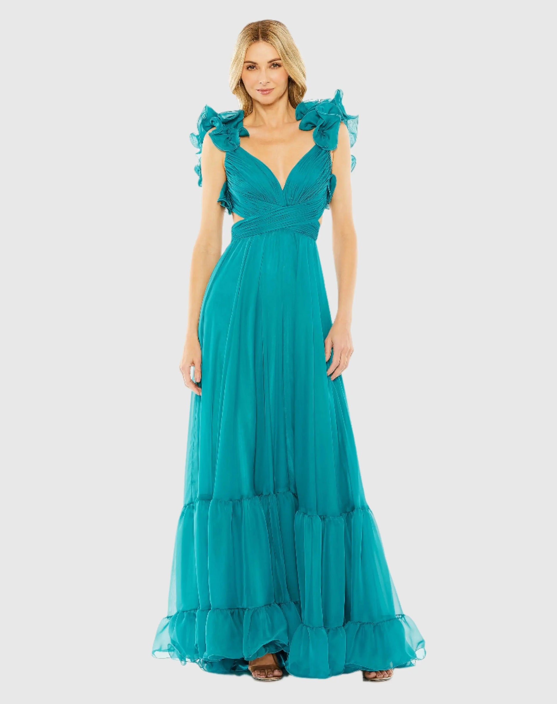 Blue Ruffle Tiered Cut-Out Chiffon Gown