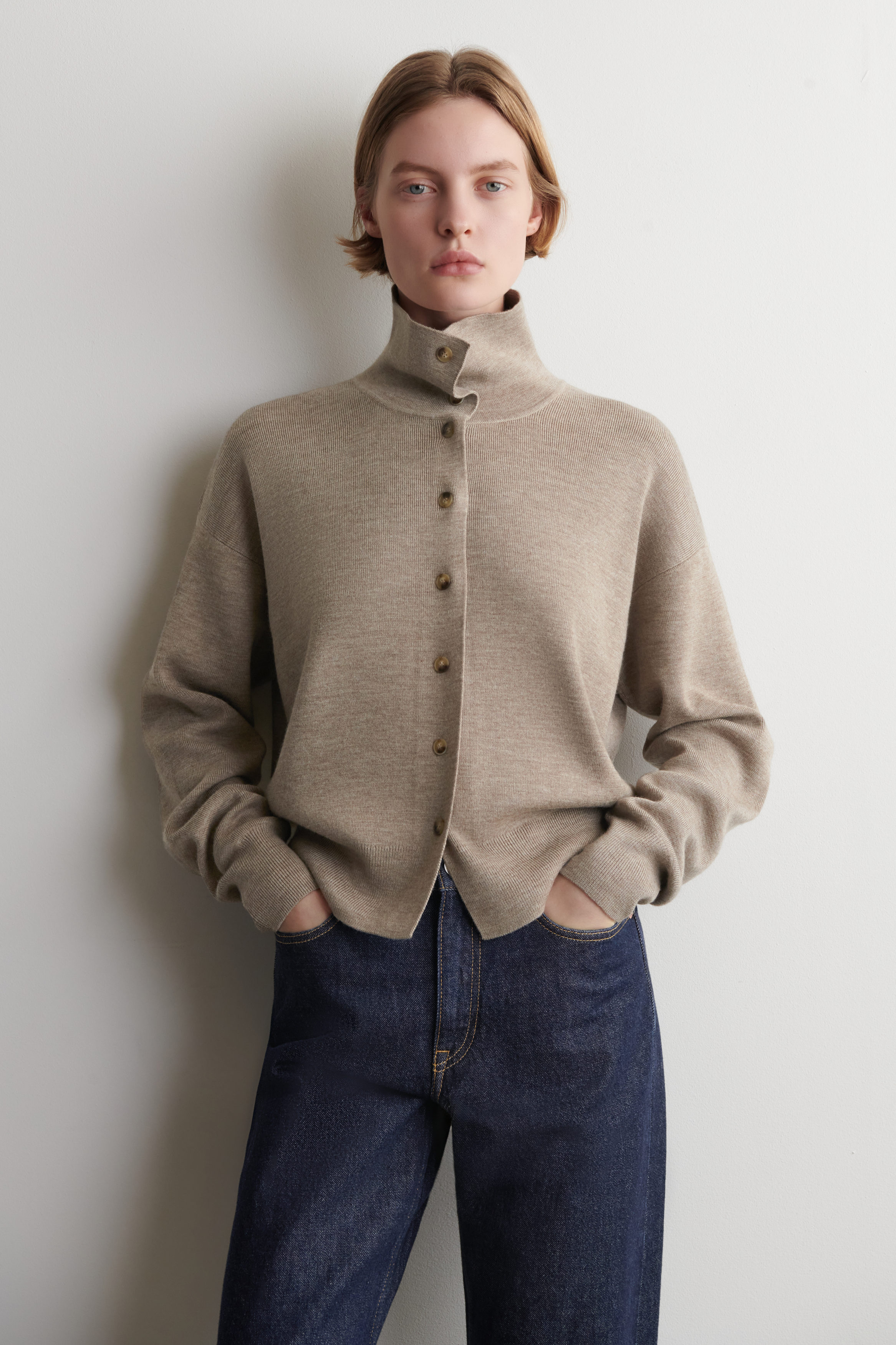 Merino Wool Funnel-Neck Cardigan