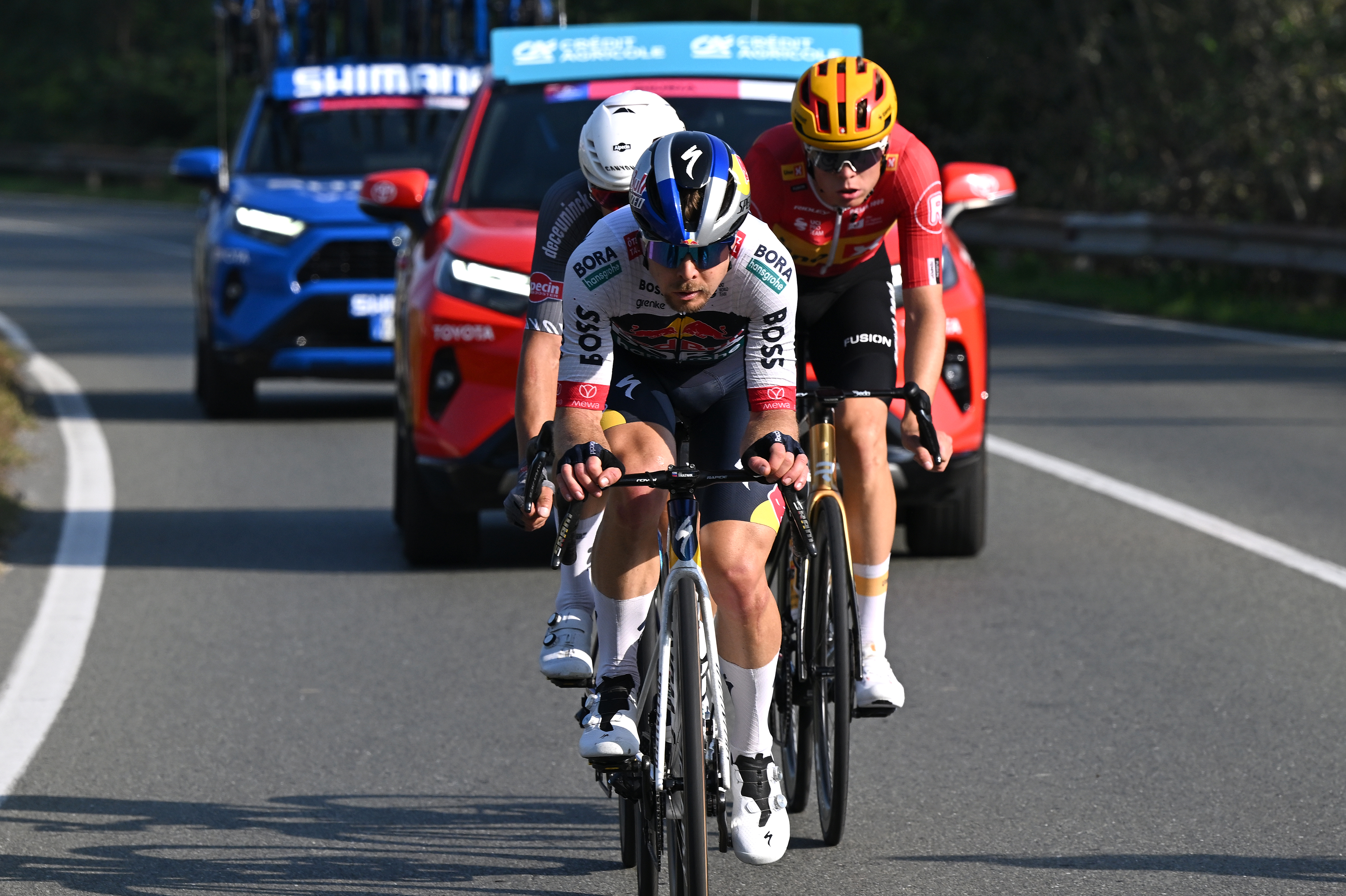 ACQUI TERME, ITALY - OCTOBER 09: Jan Tratnik of Slovenia and Team Red Bull - BORA - hansgrohe competes in the breakaway during the 109th Gran Piemonte 2025 a 179km one day race from Dogliani to Acqui Terme on October 09, 2025 in Acqui Terme, Italy. (Photo by Dario Belingheri/Getty Images)