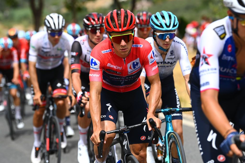 ESTEPONA SPAIN SEPTEMBER 01 Remco Evenepoel of Belgium and Team QuickStep Alpha Vinyl Red Leader Jersey competes during the 77th Tour of Spain 2022 Stage 12 a 1927km stage from Salobrea Peas Blancas Estepona 1260m LaVuelta22 WorldTour on September 01 2022 in Estepona Spain Photo by Tim de WaeleGetty Images
