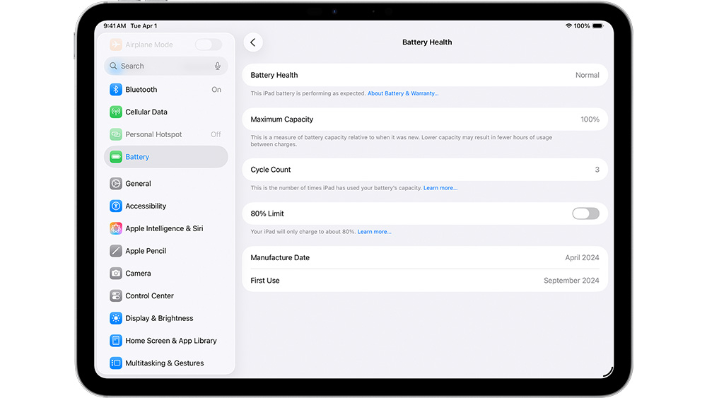 Apple iPad Battery Health screen