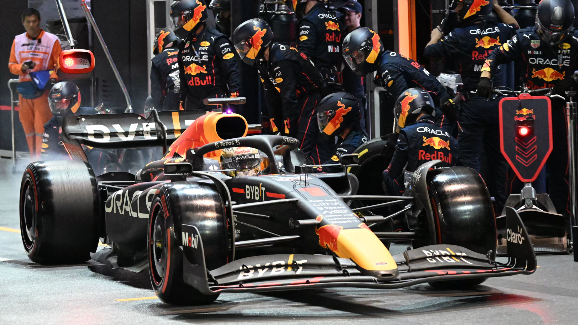 Max Verstappen pits in his Red Bull car