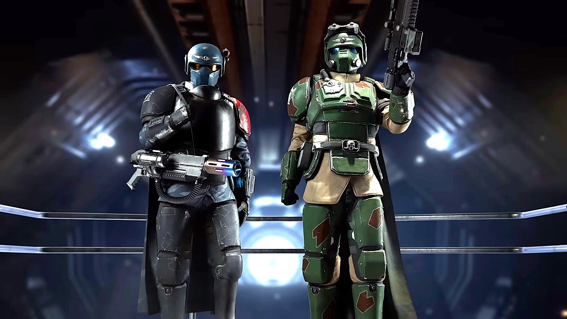 Two armored soldiers in futuristic gear stand in a dark, metallic corridor; one wears blue and black armor, the other wears green and tan camouflage.