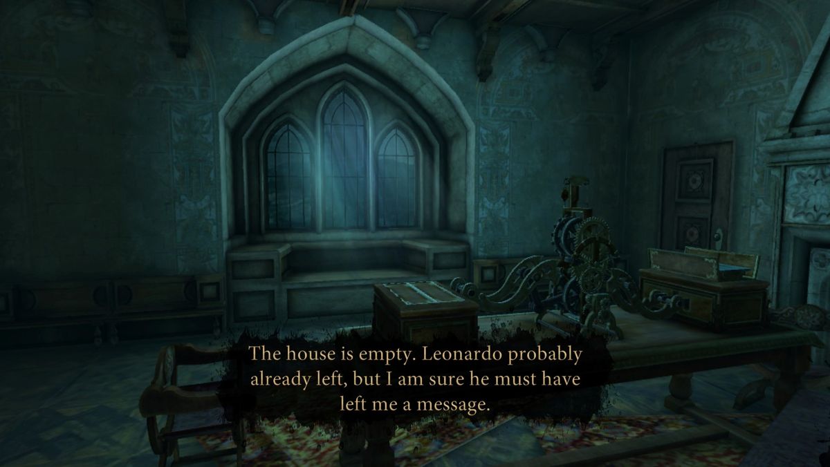 An empty, dark room in the house of one of Leonardo da Vinci's friends. A puzzle contraption sits on the table