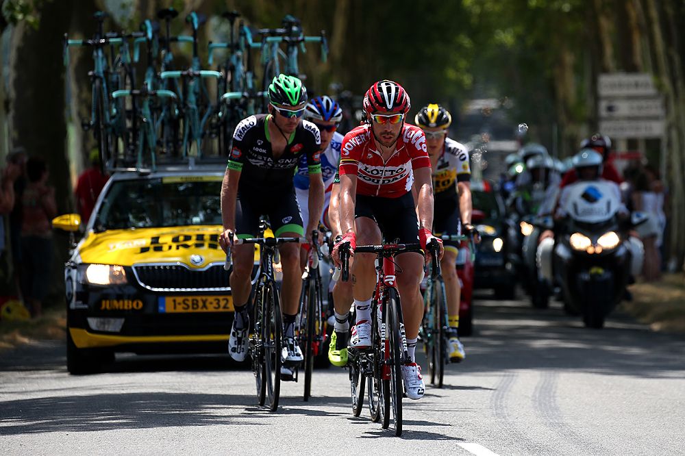 Thomas de Gendt of Belgium and Lotto-Soudal rides at the front of the breakaway group
