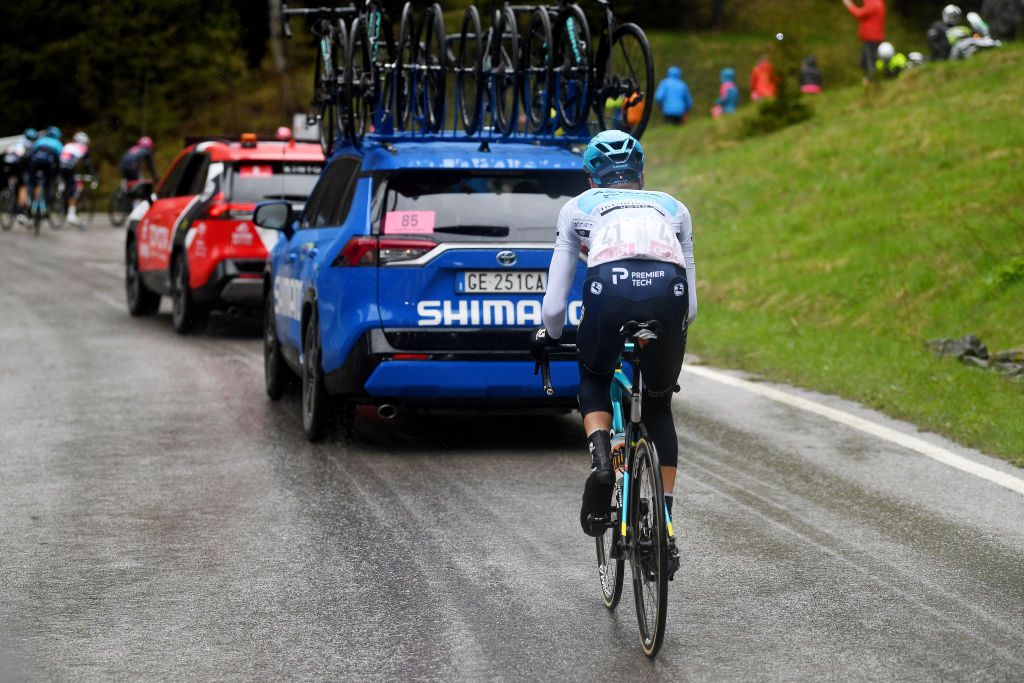 CORTINA DAMPEZZO ITALY MAY 24 Aleksander Vlasov of Russia and Team Astana Premier Tech white best young jersey during the 104th Giro dItalia 2021 Stage 16 a 153km stage shortened due to bad weather conditions from Sacile to Cortina dAmpezzo 1210m girodiitalia Giro on May 24 2021 in Cortina dAmpezzo Italy Photo by Tim de WaeleGetty Images