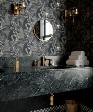 gray small bathroom ideas, small bathroom ideas, dark gray wallpaper with cats, dark marble vanity, brass fixtures and fittings,