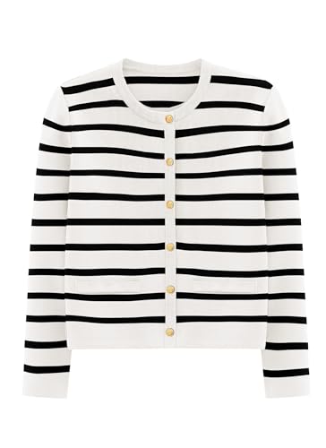 Prettygarden Women's 2024 Winter Cardigan Striped Sweater Button Down Open Front Long Sleeve Knit Shirt Trendy Outerwear (striped White,small)