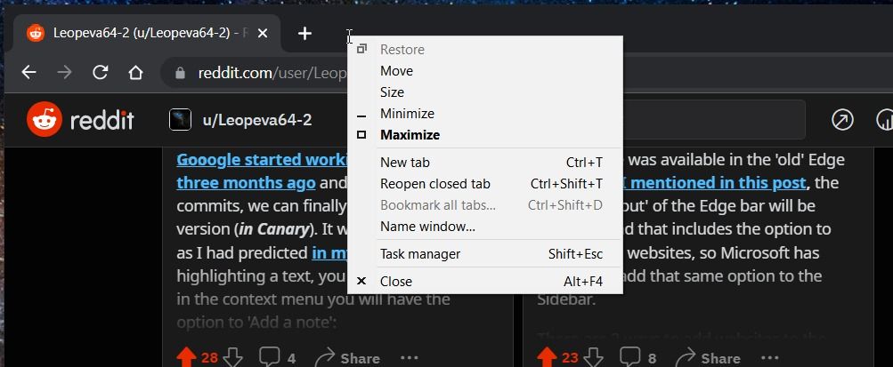 Microsoft Edge light context menu