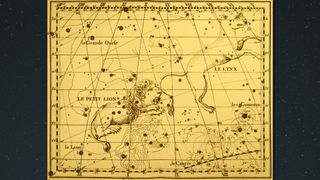 a vintage illustration of tha night sky showin three cat-related constellations: leo major, leo minor, n' lynx