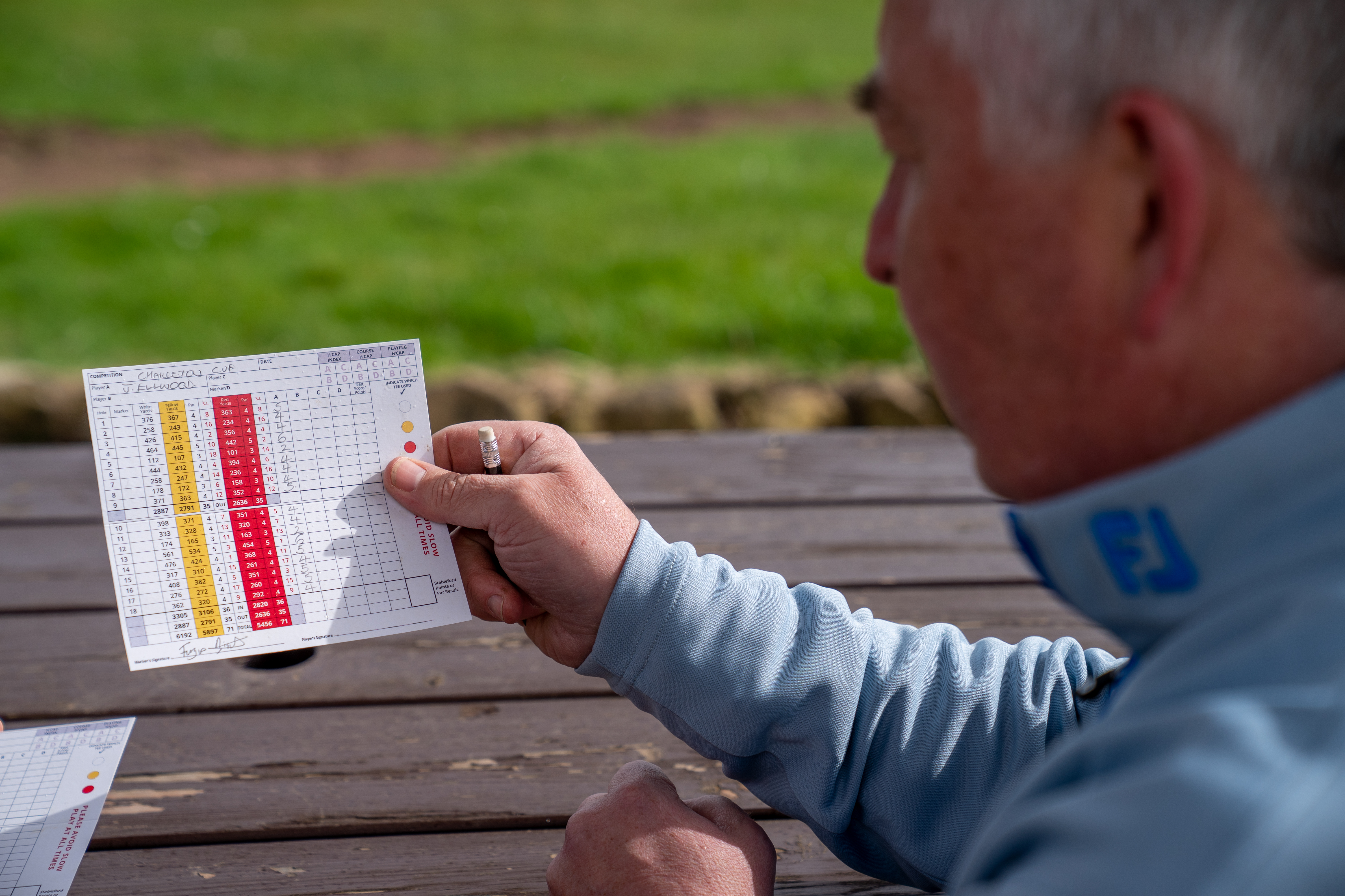 Checking a scorecard in golf