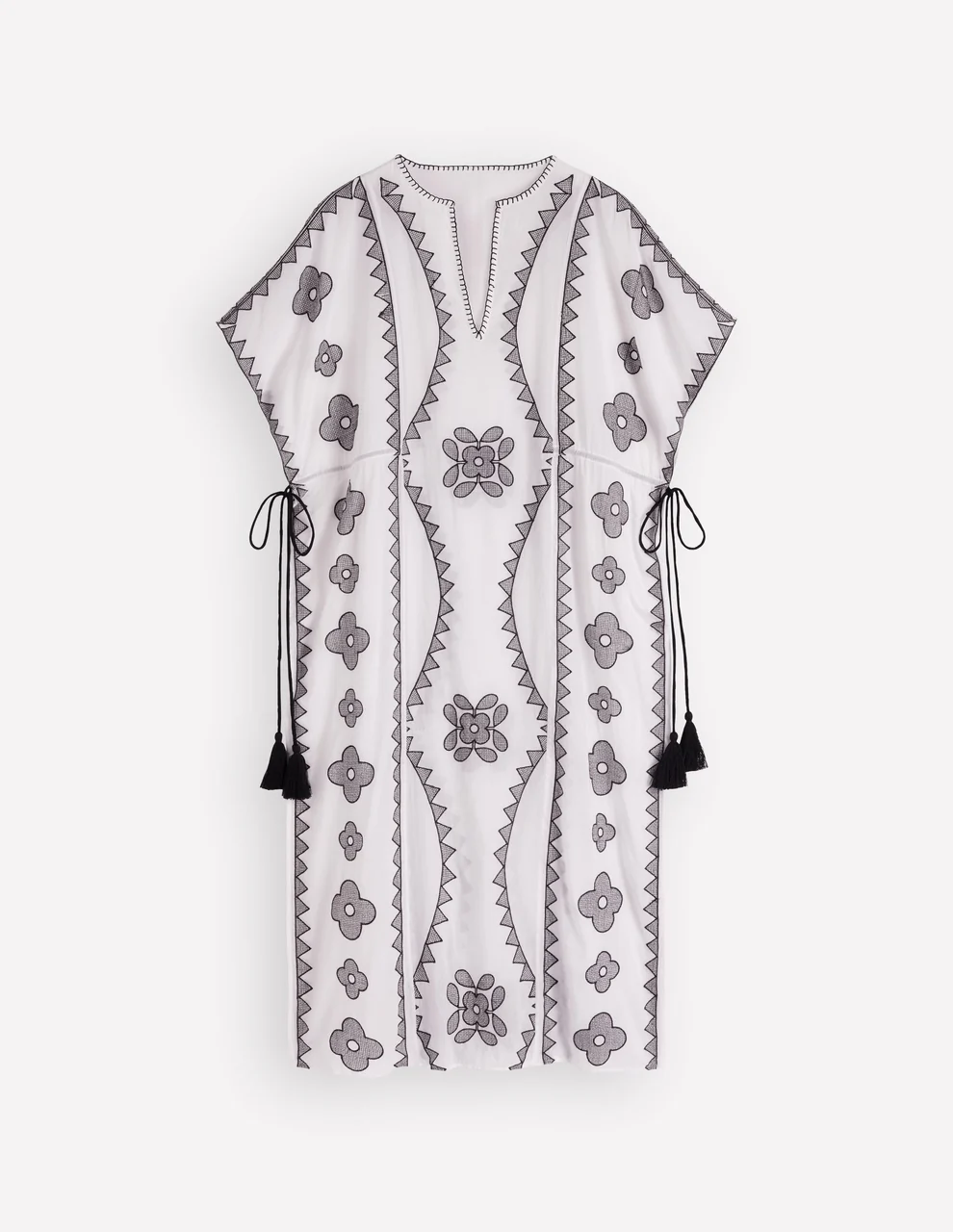 Side Tie Kaftan Dress-White Black Embroidered