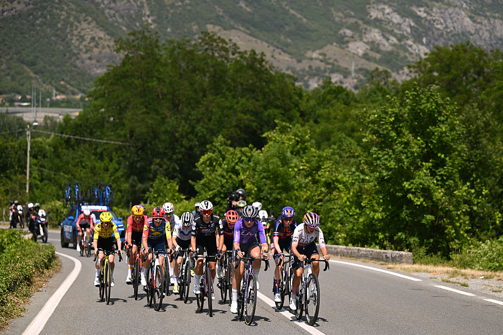 SESTRIERE, ITALY - JUNE 06: (L-R) Celia Gery of France and Team FDJ United - SUEZ, Caroline Andersson of Sweden and Team Liv AlUla Jayco and Silvia Persico of Italy and UAE Team ADQ compete in the breakaway during the 37th Giro d&amp;amp;apos;Italia Women 2026, Stage 8 a 106km stage from Rivoli to Sestriere 2034m / #UCIWWT / on June 06, 2026 in Sestriere, Italy. (Photo by Luc Claessen/Getty Images)