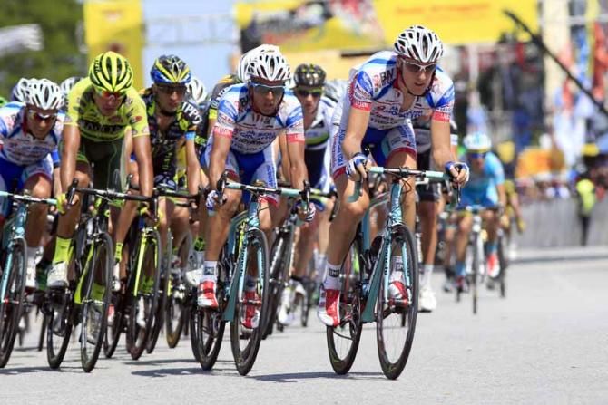 Patrick Facchini (Androni Giocattoli) on the front of the peloton