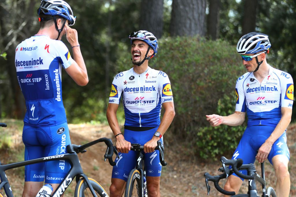 NICE FRANCE AUGUST 27 Bob Jungels of Luxembourg Julian Alaphilippe of France Dries Devenyns of Belgium and Team Deceuninck QuickStep during the Team Deceuninck QuickStep Training TDF2020 LeTour on August 27 2020 in Nice France Photo by Michael SteeleGetty Images