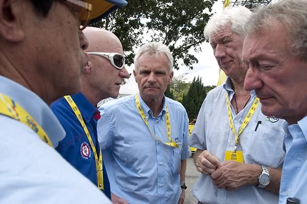 Would someone please keep their eyes open: Whatever Race Director Micky Robb (second from left) was saying, lack of sleep may have been preventing the other commisaires from listening.