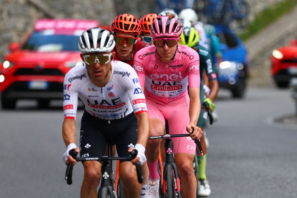 Pink jersey Team UAE's Slovenian rider Tadej Pogacar rides during the 15th stage of the 107th Giro d'Italia cycling race, 222km between Manerba del Garda and Mottolino on May 19, 2024. (Photo by Luca Bettini / AFP)