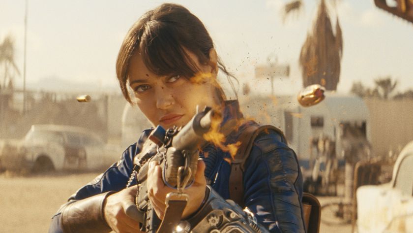 Lucy MacLean (Ella Purnell) shoots a gun on Fallout.